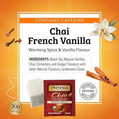 Twinings French Vanilla Chai Black Tea Individually Wrapped Bags, 20 Count (Pack of 2), Warm, Sweet & Spicy, Caffeinated, Enjoy Hot or Iced, 20 Teabags