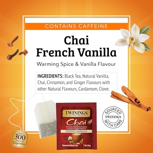 Twinings French Vanilla Chai Black Tea Individually Wrapped Bags, 20 Count (Pack of 6), Warm, Sweet & Spicy, Caffeinated, Enjoy Hot or Iced, 120 Teabags
