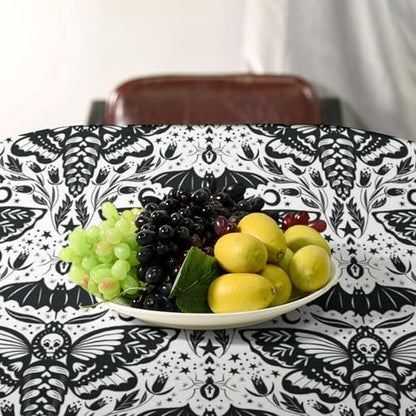 Boho Moth Tablecloth, Gothic Mysterious Halloween Black White Death Butterfly Bat Witch Print Table Cloth for Kitchen Dining Picnic Party Restaurant Decoration 60x110in