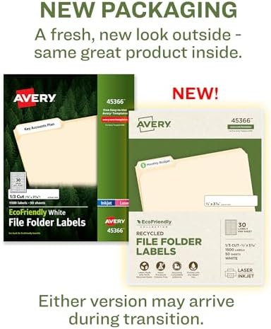 Avery EcoFriendly Recycled File Folder Labels, 2/3" x 3-7/16", White, Permanent Label Adhesive, 1,500 Printable Labels (45366)