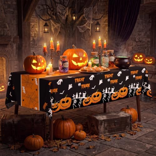 54 Inch X 100 Feet Plastic Table Cover Roll Disposable Halloween Tablecloth with Slide Cutter Pumpkin Ghost Plistic Table Covers for Halloween Party Decorations(Halloween Table Runner, 100Feet)