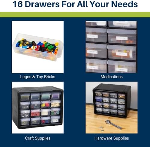 Akro-Mils 16-Drawer Plastic Cabinet for Garage Organization, Beads, Makeup Organizer, Building Bricks Storage, Teacher Toolbox, 10-1/2" W x 6-1/2" D x 8-1/2" H, 10716 Black (Pack of 4)