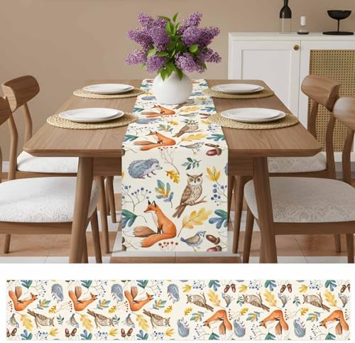 Fall Table Runner Autumn Animal Table Runners Harvest Thanksgiving Owl Bird Fox Leaves Cotton Linen Dresser Scarf Kitchen Dining Table Decor for Autumn Holiday Party Coffee 13x36 Inch