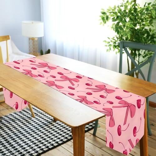ALAZA Double-Sided Pink Bow Cherry Table Runner 18x72 Inches Long,Table Cloth Runner for Wedding Birthday Party Kitchen Dining Home Everyday Decor