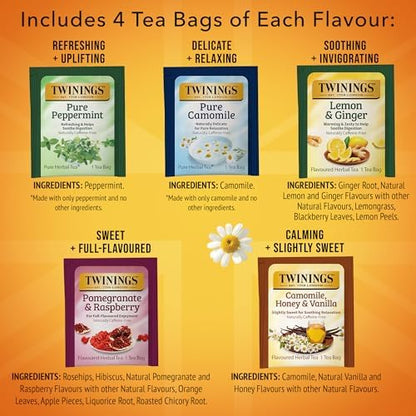 Twinings Herbal Tea Variety Pack, 20 Count (Pack of 2), Formerly Assorted Herbal, Includes 5 Flavours, Naturally Caffeine-Free, Enjoy Hot or Iced, 20 Teabags
