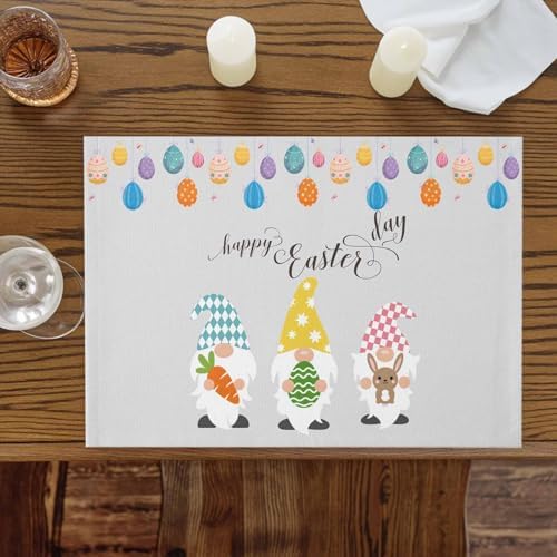 Vandarllin Happy Easter Gnomes Placemats Set of 6,Heat Resistant Cotton Linen,Carrrot Rabbit Bunny Colorful Eggs Table Mats Washable Spring Holidays Placemat Decoration for Kitchen Dining Table