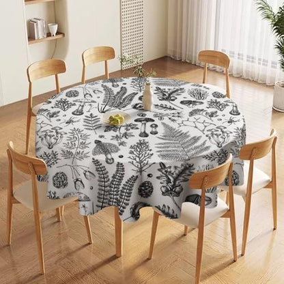 Vintage Mushroom Tablecloth, Black White Nature Forest Fern Leaves Autumn Plants Botanical Print Table Cover for Home Dining Decor Kitchen Party Outdoor, 50x50in