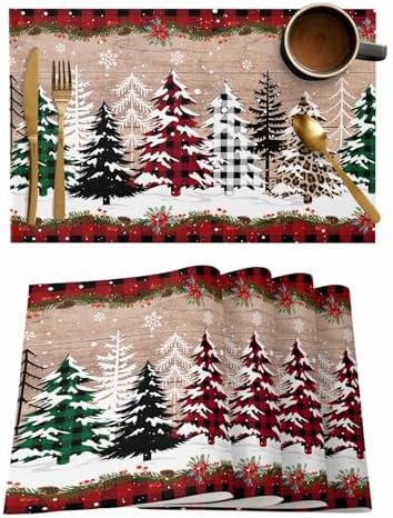 Christmas Tree Placemats Set of 4, Cotton Linen Vintage Wood Grain Table Mats Non-Slip Washable Different Xmas Trees Red Black Buffalo Plaid Placemat for Xmas Dining Kitchen Table Decor