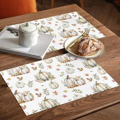 Fall Floral Leaves Placemat, Thanksgiving Pumpkins Heat Resistant Washable Table Place Mats Boho Cotton Table Linens Party Holiday Decorations for Home Kitchen Dining Table Outdoor Indoor,
