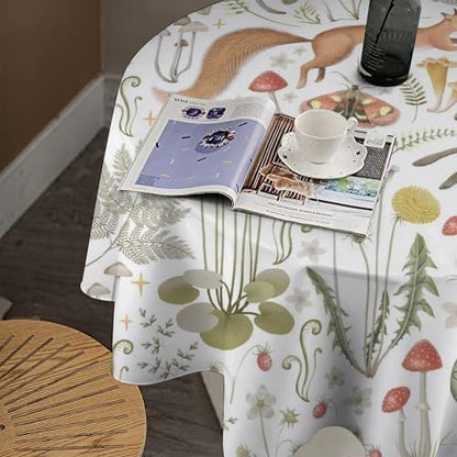 Country Forest Tablecloth, Wild Animal Hare Squirrel Owl Snake Snail Flowers Mushroom Table Cover for Tea Party Weddings Indoor Outdoor Dining, 50x50in
