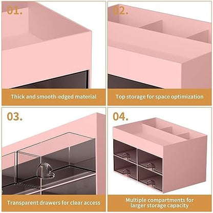 Marbrasse Pen Organizer with 4 Drawer, Multi-Functional Pencil Holder for Desk, Desk Organizers and Accessories with 4 Compartments + Drawer for Office Art Supplies (pink)