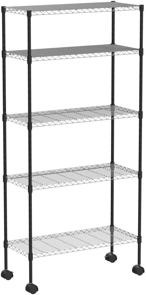 30" L×14" W×60" H Wire Shelving Unit Metal Shelf with 5 Tier Casters Adjustable Layer Rack Strong Steel for Restaurant Garage Pantry Kitchen Garage，Black