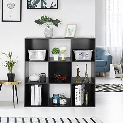 SUPER DEAL 9 Cube Open Shelf Bookcase 3 Tier Bookshelf Wood Cabinet Storage Organizer Display Shelves with 5 Removable Back Panels for Home, Office, Bedroom, Living Room, Black
