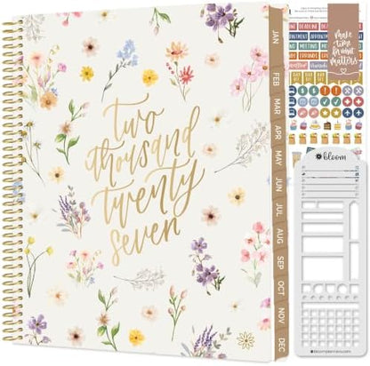 bloom daily planners 2027 Planner for Women (8.5" x 11") - Weekly & Monthly Calendar Year (January to December) Softcover Agenda Book Organizer with Stickers & Stencil - Pressed Petals