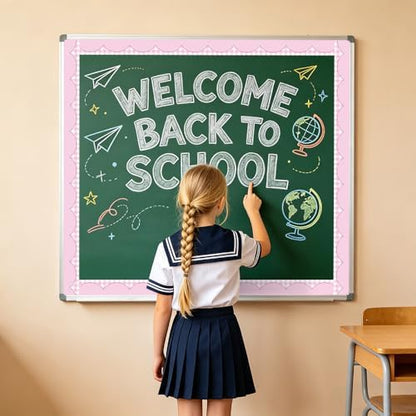 50ft Checkered Bulletin Board Borders, Checkerboard Straight Trim Border with Scalloped Edge Print, Classroom Decor for Chalkboard Whiteboard Back to School Supplies, Pink and White