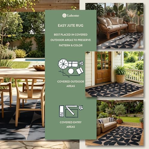 Lahome Semi Circle Easy Jute Black Runner Rug, 2x8 Washable Kithcen Runner