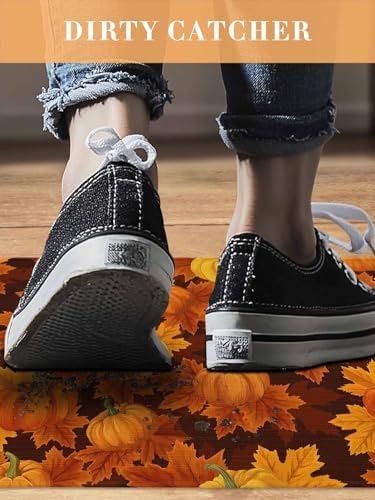 Fall Door Mat Orange Harvest Pumpkin Doormat Autumn Maple Leaf Harvest Thanksgiving Welcome Mat Non Slip Rubber Entryway Front Rug Floor Mat for Indoor Outdoor Kitchen Autumn Holiday Home Decor 20x32