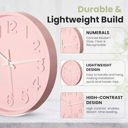 Clockswise 12-Inch Modern Minimalist Round Plastic Wall Clock Pink Dial with Bold Arabic Numerals Analog Display Step Movement Easy-to-Read Timepiece for Living Room Kitchen Office Bedroom Wall Decor