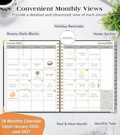 Academic Planner 2026-2027, Weekly and Monthly Hardcover Planner, July 2026 - June 2027, 5.75" x 8.38" A5 Large Daily Calendar Planner Book with Tabs, Spiral Yearly Agenda Organizer Notebook for School Work Home, Black