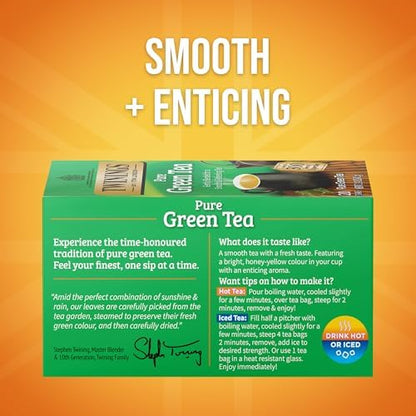 Twinings Pure Green Tea, Caffeinated, Tea Bags, 20 CT Box (6 Pack)