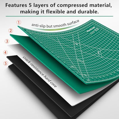 Worklion Self Healing Craft Mat: 18"x12" Rotary Cutting Mat for Sewing,Quilting,Leather,Craft,Fabric,Model,Art,Clay,5-layer 2-sided Cutting Mat, green and black