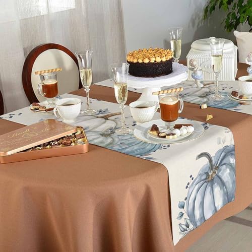 Fall Pumpkin Table Runner Dresser Scarf 13 x 72 Inch White Blue Leaves Rustic Table Runners Non-Slip Heat Resistant Kitchen Dining Table Decor for Autumn Thanksgiving Holidays Indoor Outdoor