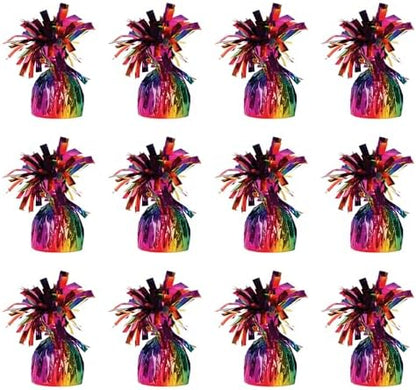 Beistle 12 Count Rainbow Metallic Plastic Wrapped Balloon Weights for Birthday Parties, Colorful Celebrations and Pride Events, Table Decorations for Any Theme, 6 Oz