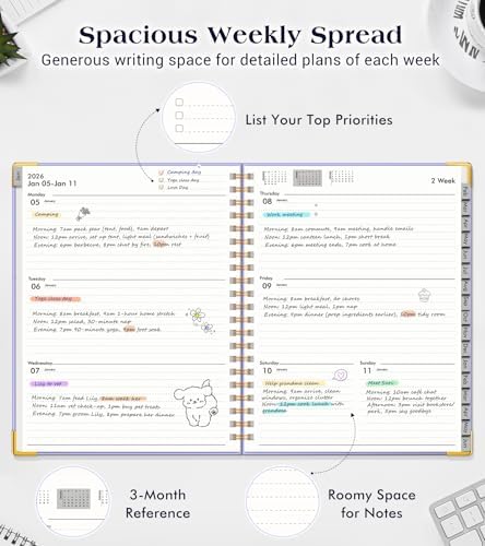 Academic Planner 2026-2027, Weekly and Monthly Hardcover Planner, July 2026 - June 2027, 5.75" x 8.38" A5 Large Daily Calendar Planner Book with Tabs, Spiral Yearly Agenda Organizer Notebook for School Work Home, Purple
