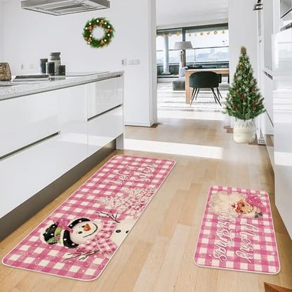 JarThenaAMCS Christmas Kitchen Mat Set of 2 Pink Plaid Santa Snowman Kitchen Floor Mats Winter Non-Slip Door Rugs for Xmas Party Home Entrance, 17 x 29 Inch & 17 x 47 Inch