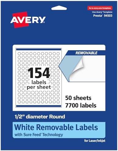 Avery Matte White Removable Round Labels, Sure Feed Technology, Print-to-The-Edge, 0.5" Diameter, 7,700 Removable Labels, Laser/Inkjet Printable