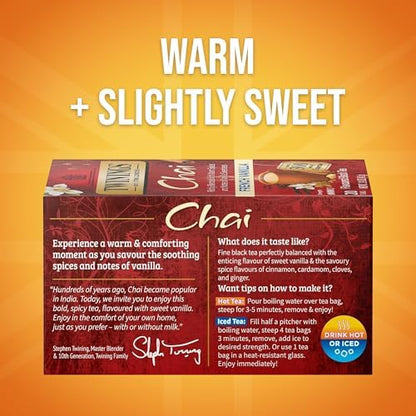 Twinings French Vanilla Chai Black Tea Individually Wrapped Bags, 20 Count (Pack of 6), Warm, Sweet & Spicy, Caffeinated, Enjoy Hot or Iced, 120 Teabags