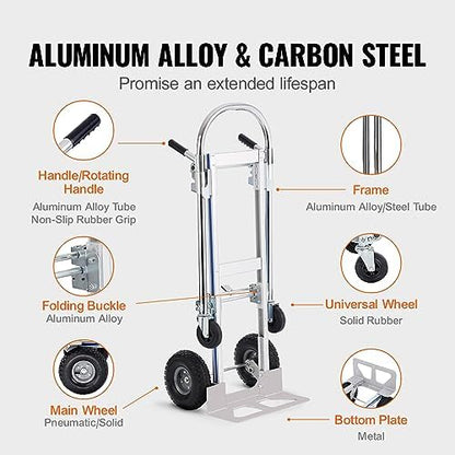 VEVOR Aluminum Truck, 2 in 1, 800 lbs Load Capacity, Heavy Duty Industrial Convertible Folding Hand Truck and Dolly, Utility Cart Converts from Hand Truck to Platform Cart with Rubber Wheels