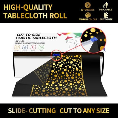 CXPSINC 54 Inch X 100 Feet Plastic Table Cover Roll Disposable Tablecloth with Slide Cutter for All Type/Shape Tables | Party, Banquet, Birthdays, Weddings(Black Golden Dot, 100 Feet)