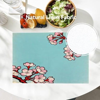 Batmerry Shabby Chic Cherry Blossom Linen Placemats Set of 6, Red Black Cherry Branch Washable Table Mats for Kitchen Table Thickened Heat Insulation Dining Set Indoor Outdoor 12X18 in