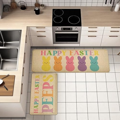 Happy Easter Kitchen Floor Mat Set of 2, Non-Slip Absorbent Rugs and Door Mats, Spring Seasonal Bunny Decorative Home Kitchen Doormat 17x29 and 17x47 Inch DM138