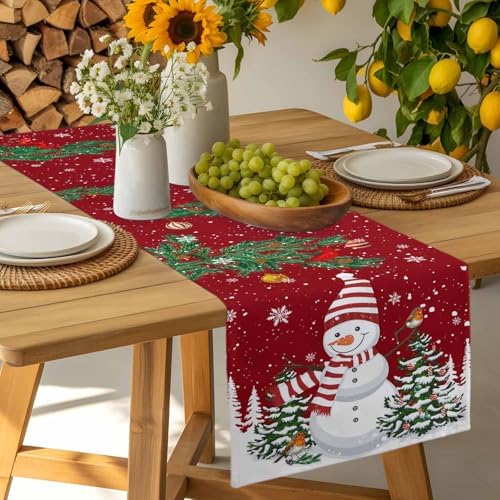 Christmas Cartoon Snowman Table Runner Dresser Scarf 13 x 108 Inch Holly Bird Pine Tree Snow Red Table Runners Non-Slip Heat Resistant Kitchen Dining Table Decor for Winter Holidays Indoor Outdoor