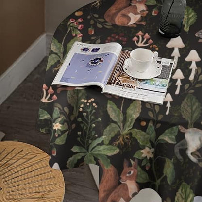 Cartoon Woodland Tablecloth, Watercolor Rustic Forest Wild Animals Bunny Rabbit Squirrel Mushroom Plants Print Table Cloth for Indoor Outdoor Dining Table Party Picnic Decor, 36x36in