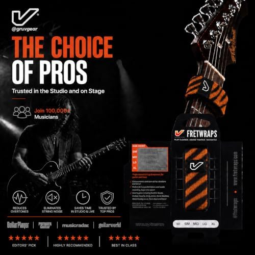Gruv Gear Fret Wrap & Guitar Mute, Fretwrap for Acoustic, Electric & Bass | String Dampener Recording, Tapping & Practice Accessory (1 Pack, Medium Tiger, Fits 5 String Bass, 7 String Guitar)
