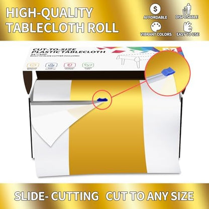 CXPSINC 54 Inch X 300 Feet Plastic Table Cover Roll Disposable Tablecloth with Slide Cutter for All Type/Shape Tables | Party, Banquet, Birthdays, Weddings(White & Glod, 300 Feet)