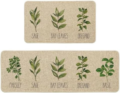 Artoid Mode Parsley Sage Oregano Basil Bay Leaves Decorative Kitchen Mats Set of 2, Seasonal Holiday Party Low-Profile Floor Mat for Home Kitchen - 17x29 and 17x47 Inch