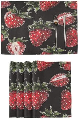 ALAZA Strawberry Hand Drawn Set of 4 Placemats Rectangle Table Mat for Dining Table Restaurant Kitchen Home Decor, 12" x 18"