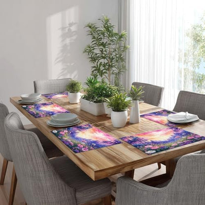 Batmerry Forest Flowers Sunset Linen Placemats Set of 8, Beautiful Forest Sunset Scene Washable Table Mats for Kitchen Table Thickened Heat Insulation Dining Set Indoor Outdoor 12X18 in