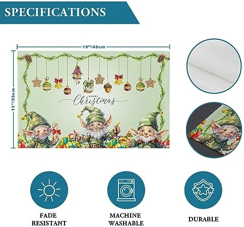 Merry Christmas Placemat 1PC, Green Christmas Gnome Elf Heat Resistant Washable Table Place Mats Xmas Balls Cotton Table Linens Party Holiday Decor for Kitchen Dining Outdoor Indoor