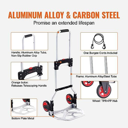 VEVOR Folding Hand Truck, 80 kg Load Capacity, Aluminum Portable Cart, Convertible Hand Truck and Dolly with Telescoping Handle and Rubber Wheels, Ultra Lightweight Super Strong for Moving Warehouse
