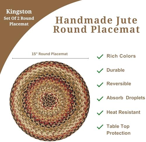Homespice Kingston Braided Placemats for Country Decor, Round 15" Set of 2