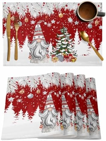 Christmas Gnome Placemats Set of 6, Winter Merry Christmas Tree Balls Heat Resistant Washable Table Place Mats Red Cotton Table Linens Party Holiday Decor for Kitchen Dining Outdoor Indoor