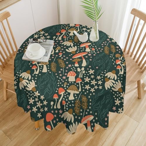 Mushroom Table Cloth, Vintage Woodland Summer Flowers Plants Forest Botanical Leaves Table Cover for Farmhouse Kitchen Dining Room Table Decor, 60x60in