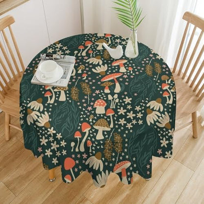 Mushroom Table Cloth, Vintage Woodland Summer Flowers Plants Forest Botanical Leaves Table Cover for Farmhouse Kitchen Dining Room Table Decor, 70x70in