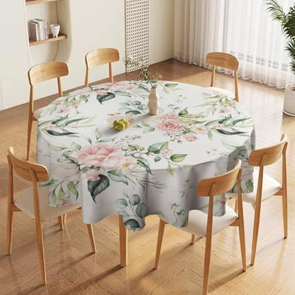 Pink Flowers Tablecloth, Watercolor Sage Green Eucalyptus Leaves Branches Floral Print Table Cloth for Picnic Party Dining Room Home Decor, 36x36in