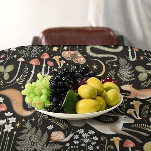 Retro Forest Curtains, Fairy Tale Woodland Wild Animals Moths Owl Snake Cartoon Flowers Mushroom Farmhouse Holiday Tablecloths for Home Kitchen Party Dinner Decor 55x55in